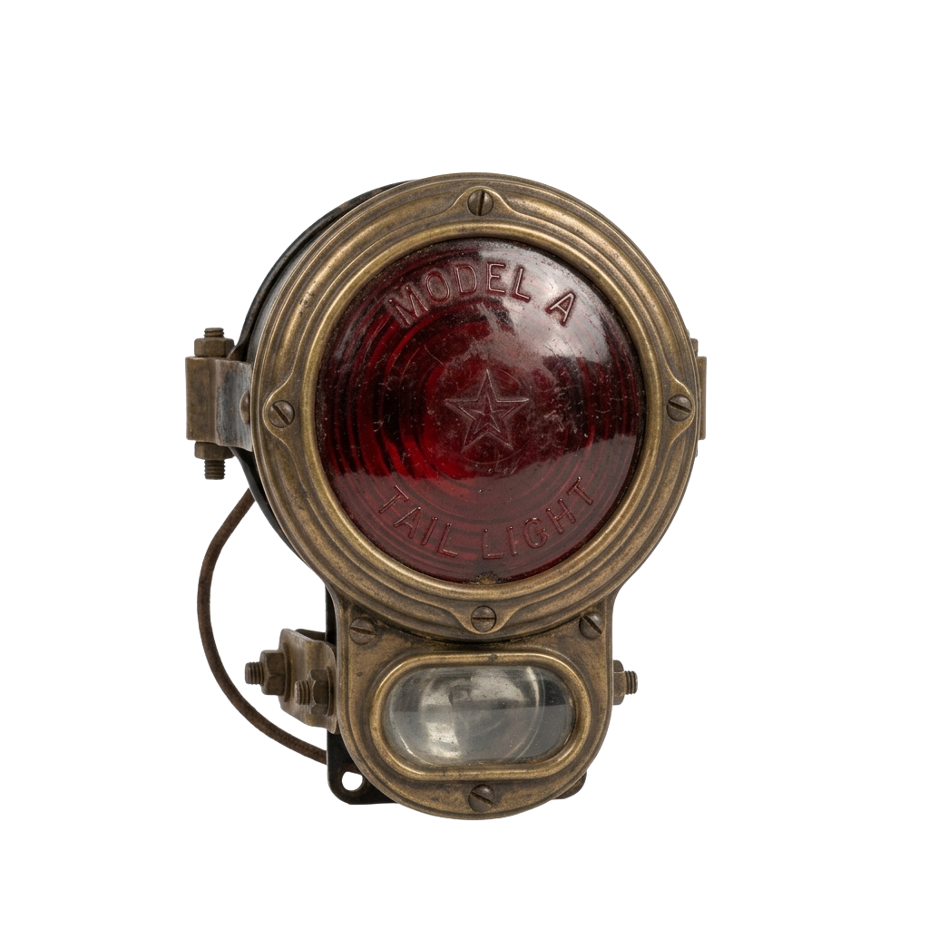 A brass-colored vintage tail light with a red lens and a star emblem, labeled Model A Tail Light