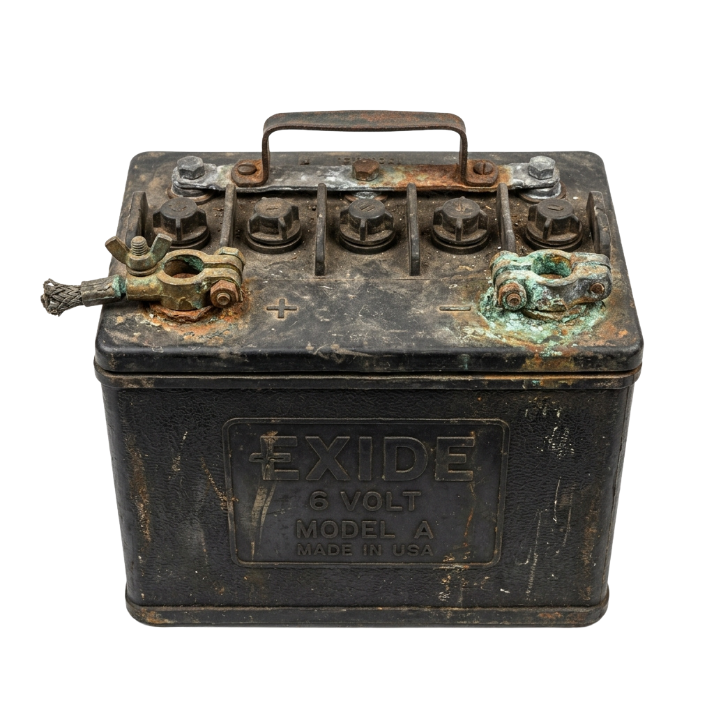 Old rusted 6-volt car battery labeled Model A Made in USA with corroded terminals