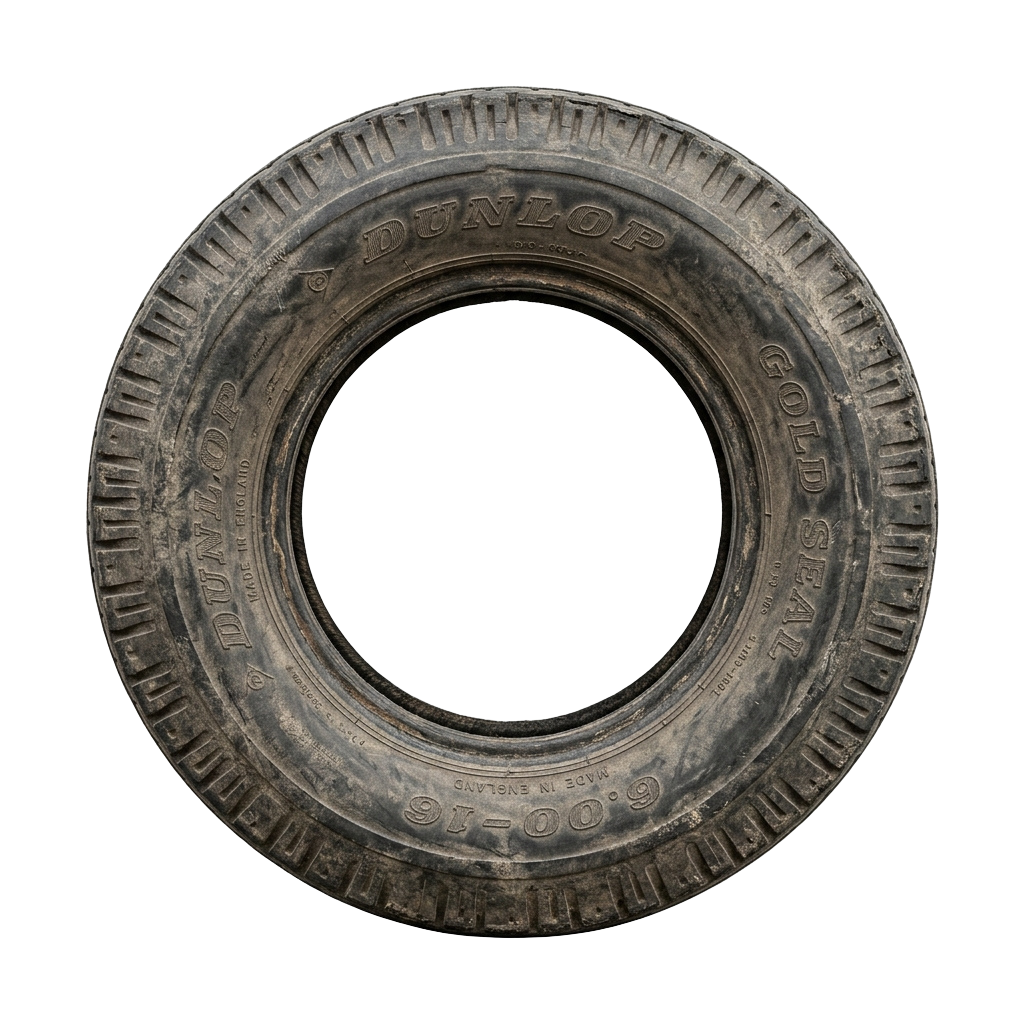 Close-up of a worn vintage tire showing the inner rim with Dunlop Gold Seal branding and tread details