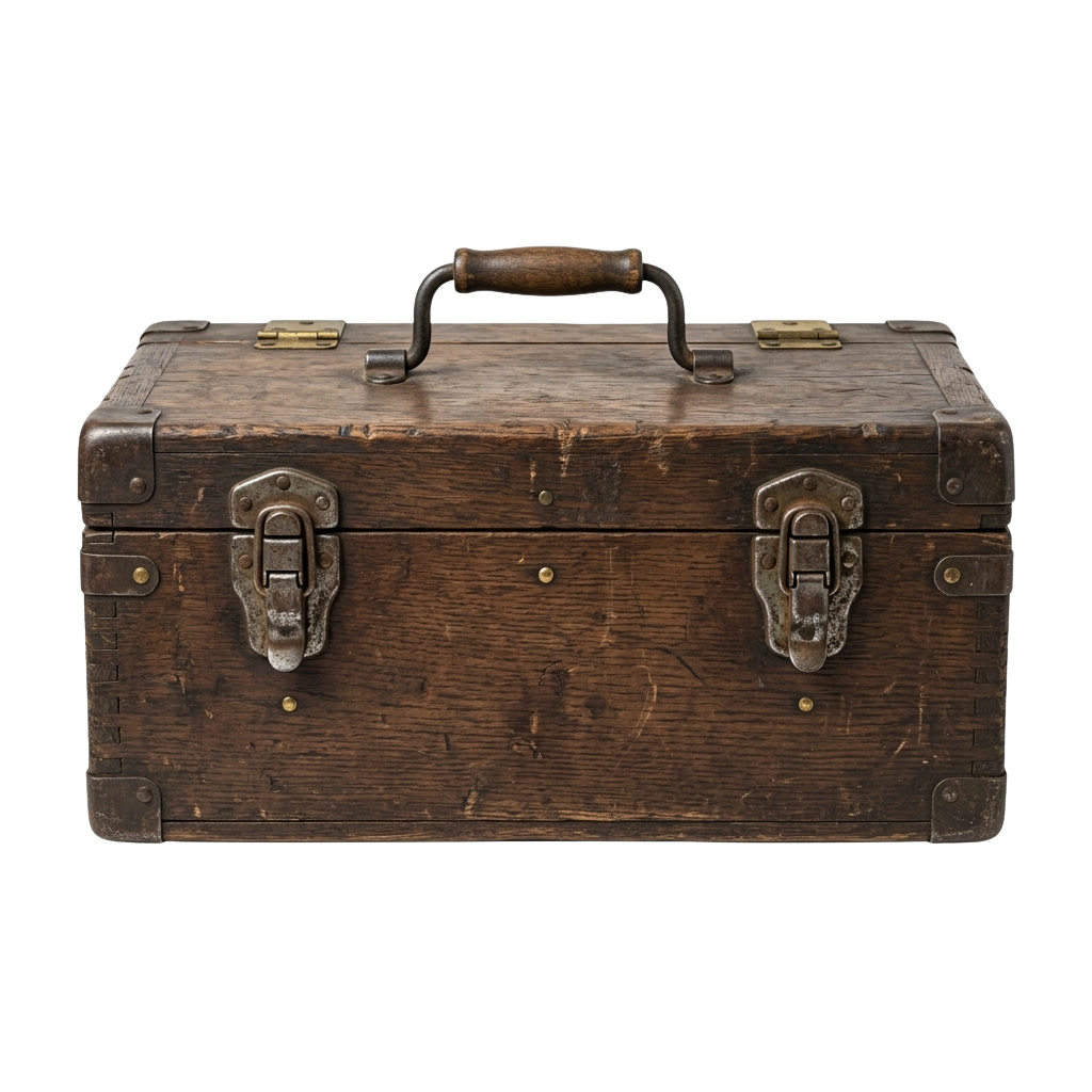 A vintage wooden toolbox featuring two metal latches and a curved handle, showing signs of age and wear.