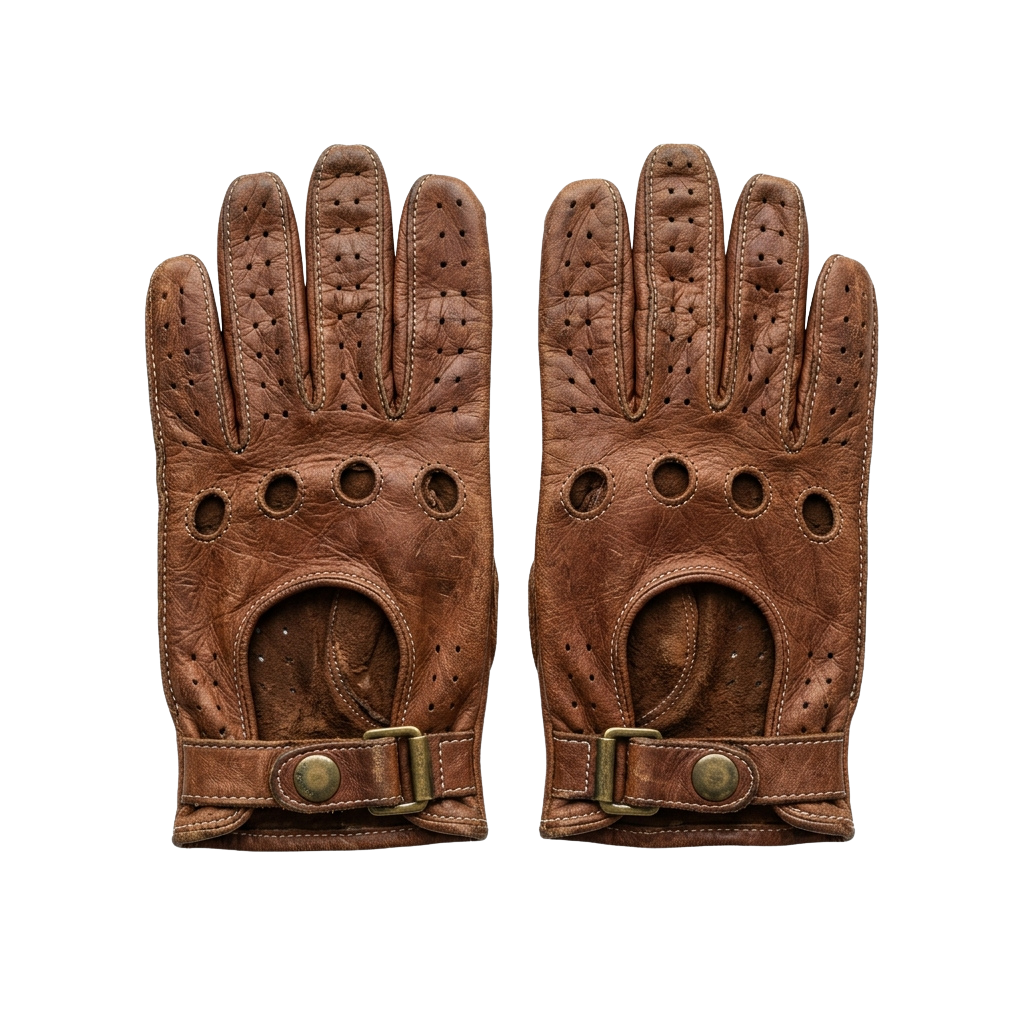 Pair of brown leather driving gloves featuring perforated fingers, thumb holes, and adjustable wrist straps with brass buttons