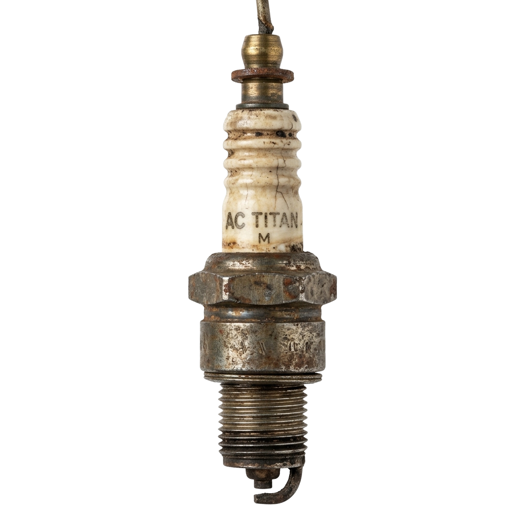 Close-up of a used spark plug with visible wear and corrosion, labeled AC Titan M.