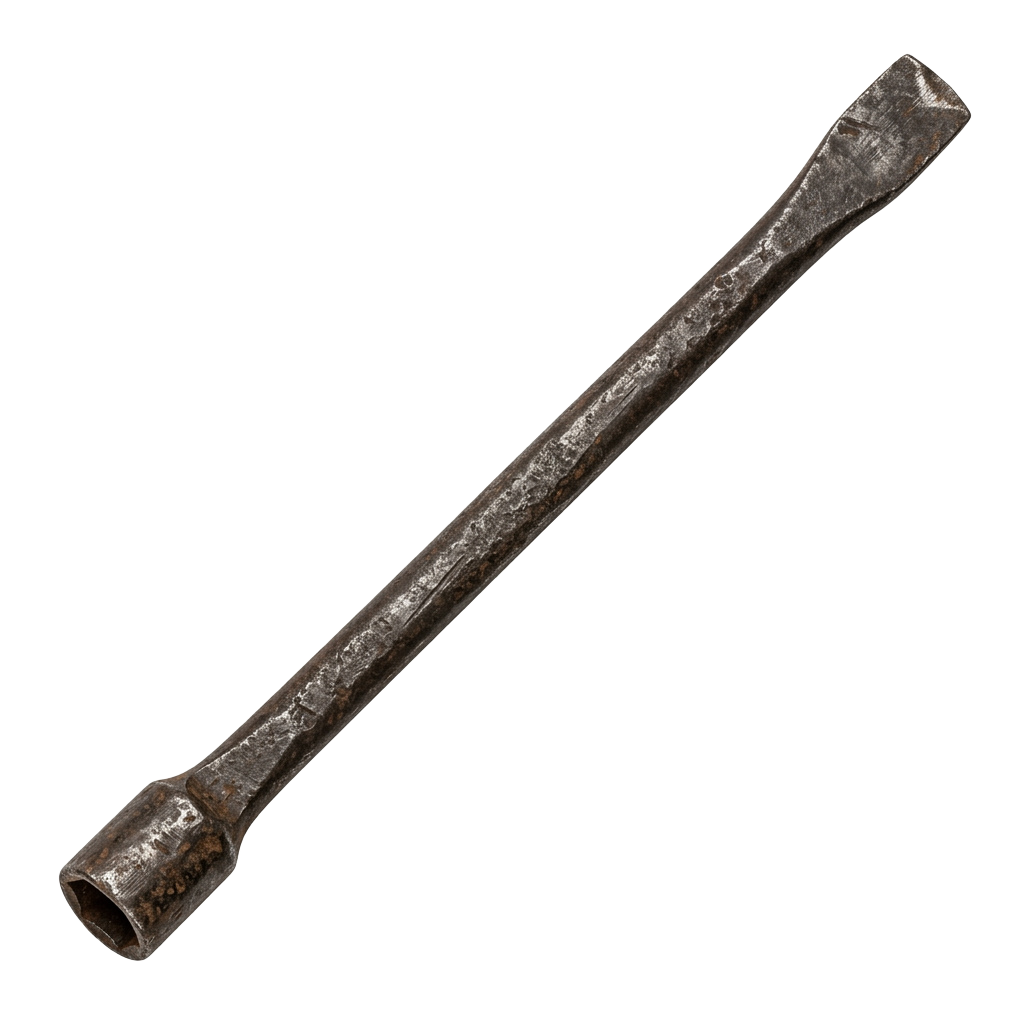 An old, rusted metal rod with one flared end and a textured surface along its length.