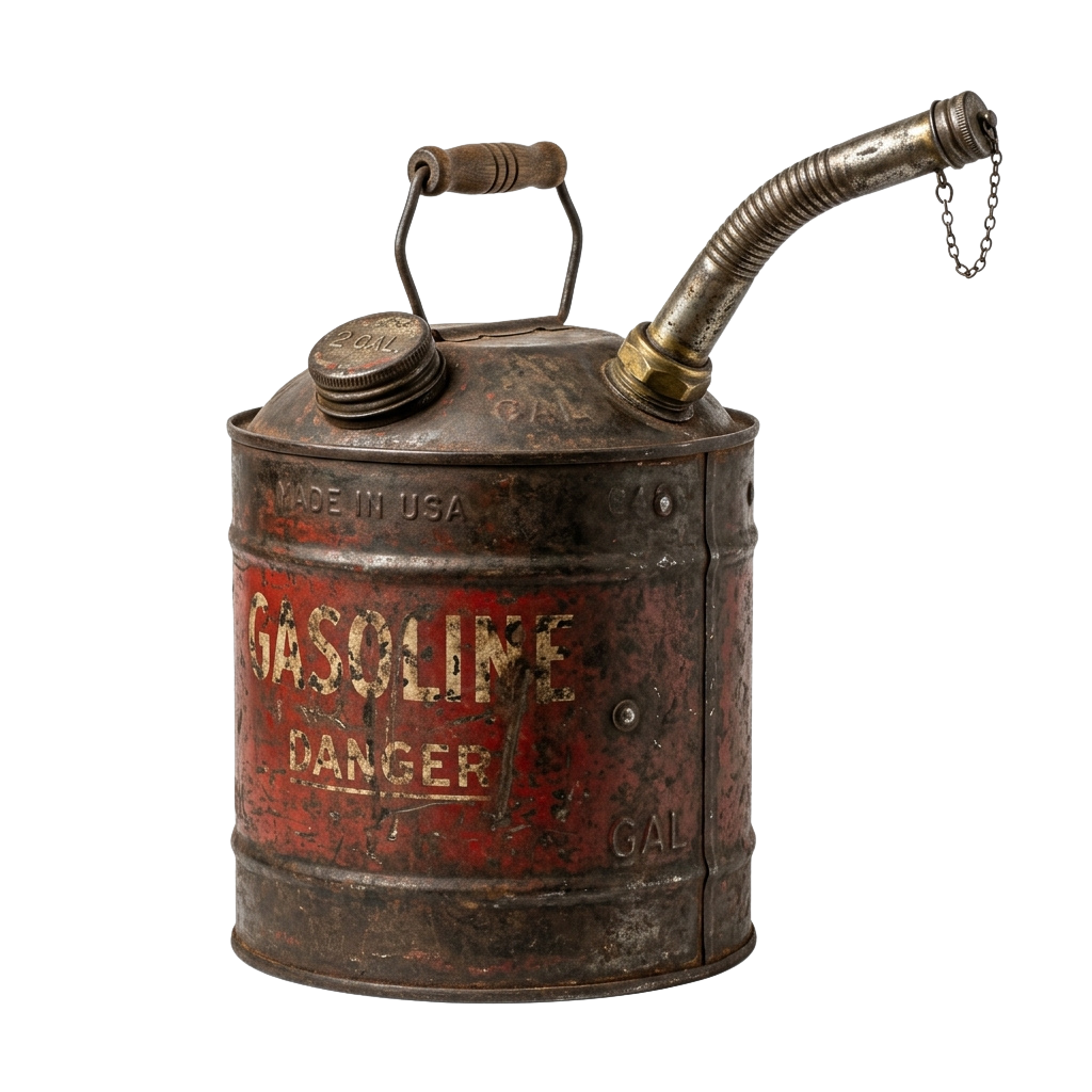 Old rusted gasoline can with a red danger label and a pouring spout, marked Made in USA