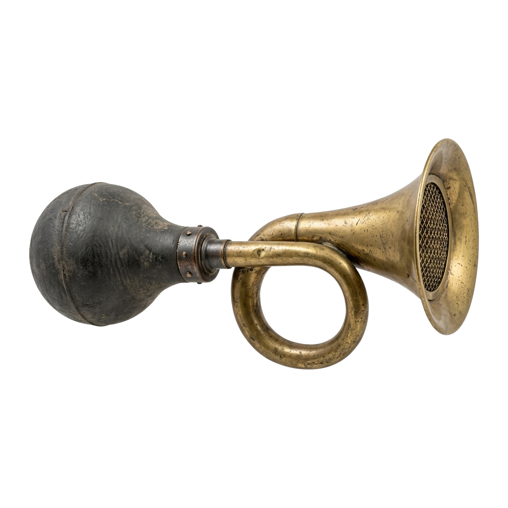 A brass horn megaphone with a black rubber handle and a perforated speaker end