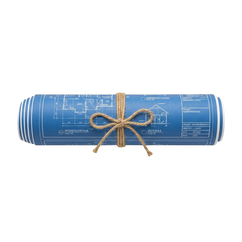 Blue architectural blueprint roll tied with twine against a black background