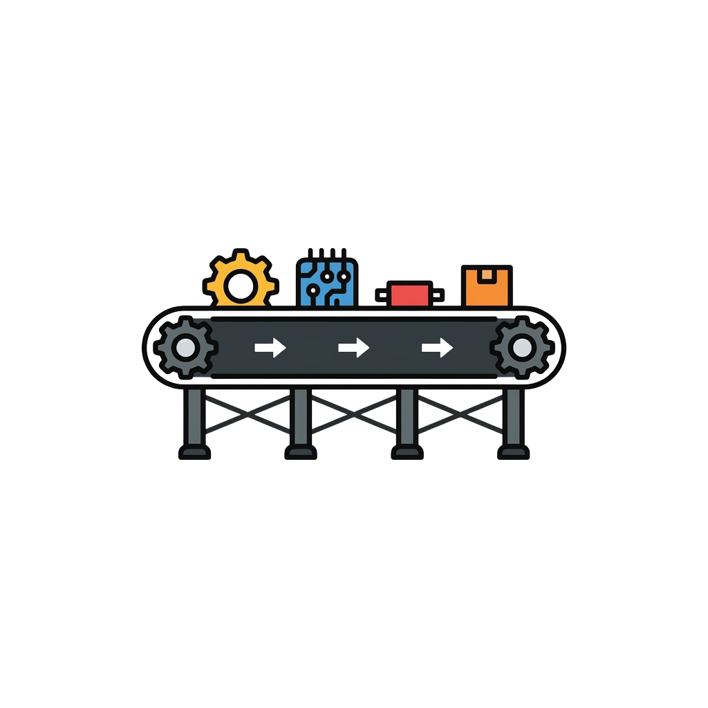Illustration of a conveyor belt system with gears, a control panel, and a power unit