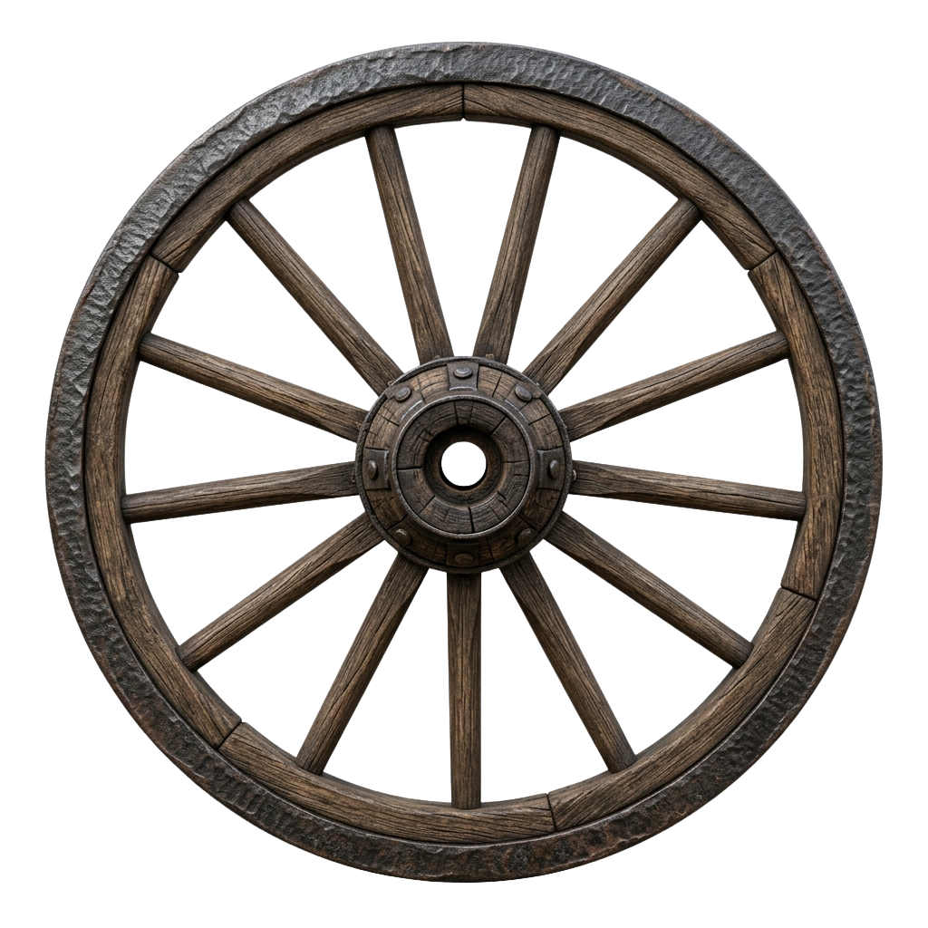 A close-up of an old wooden wagon wheel with metal rim and central hub