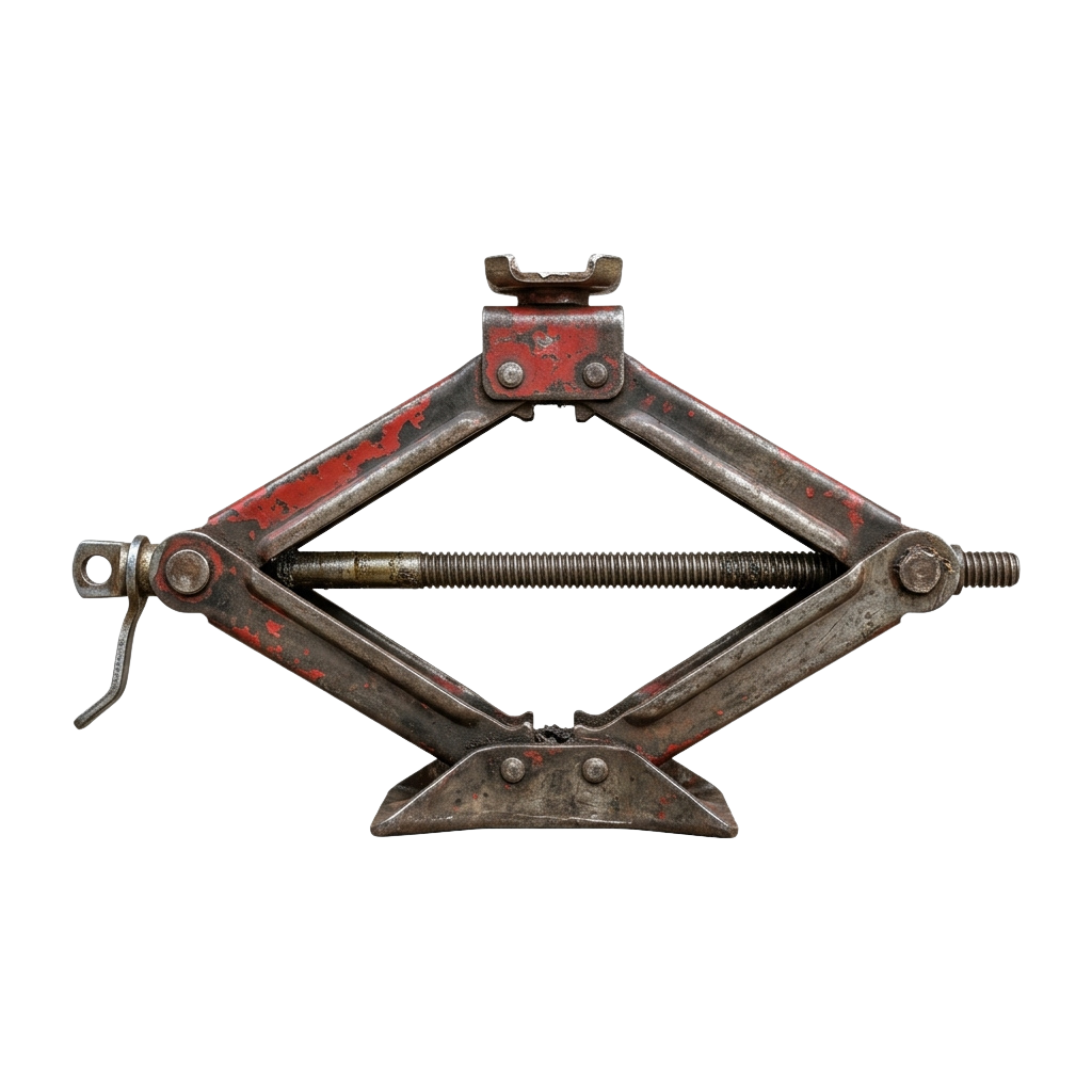 Close-up of a rusted metal bottle jack used for lifting vehicles, showing its mechanical structure and handle