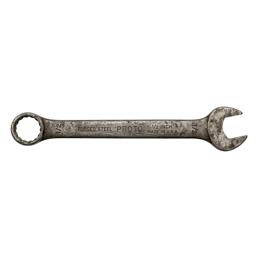 A vintage forged steel 1/2 inch adjustable wrench with markings indicating it was made in the USA