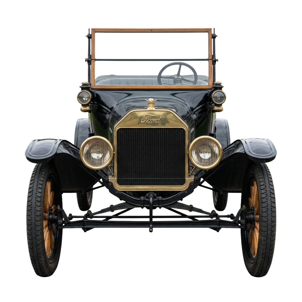 Front view of a vintage car with a black body, gold grille, round headlights, and wooden-spoke wheels