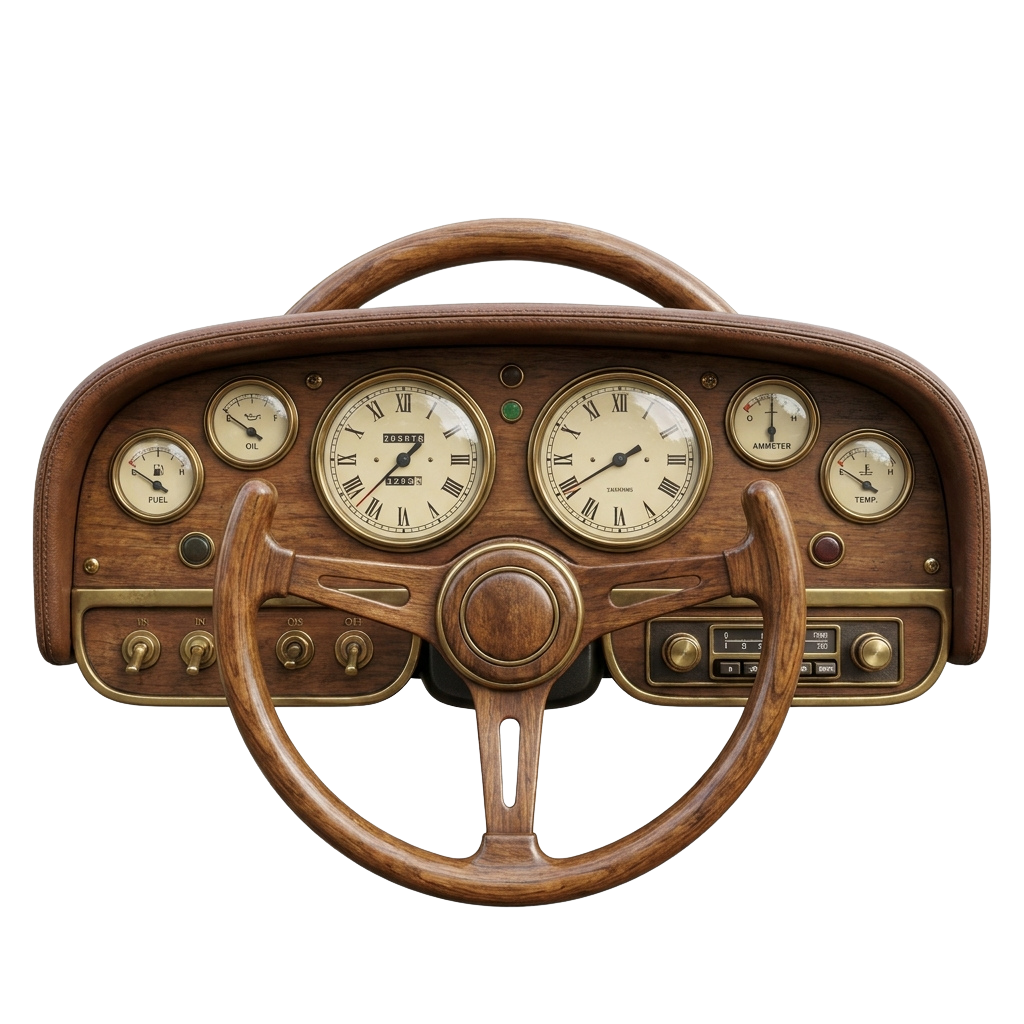 Vintage wooden car dashboard with analog gauges and a matching wooden steering wheel
