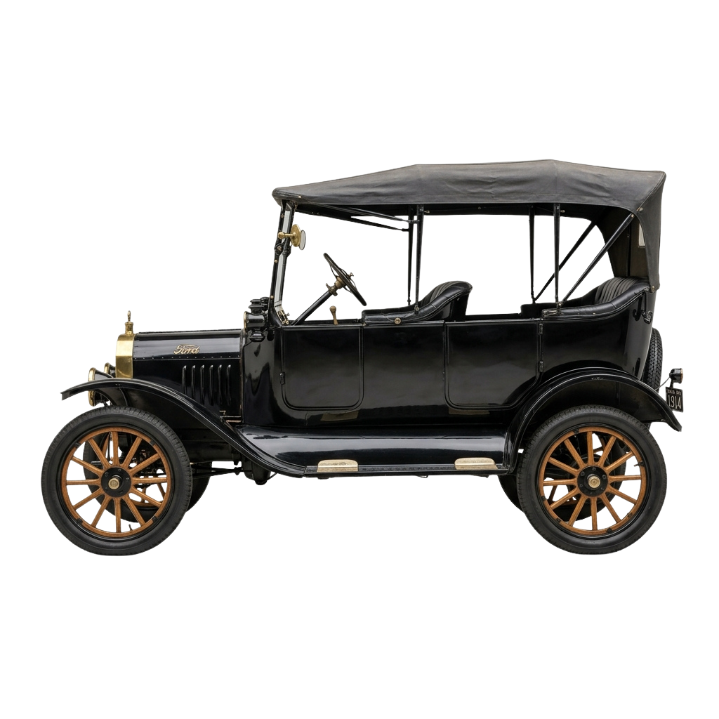 A classic black vintage touring car with tan leather interior, wood-spoke wheels, and a canvas top.