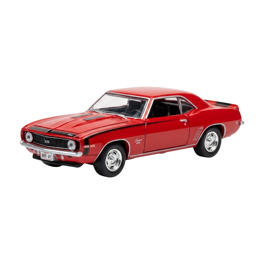 Red vintage-style muscle car model with black racing stripes and SS badge on the front
