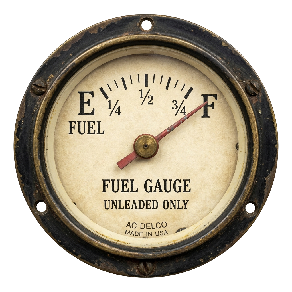 Vintage fuel gauge with red needle pointing at 3/4 fuel level, labeled E to F and Unleaded Only, made by AC Delco in USA