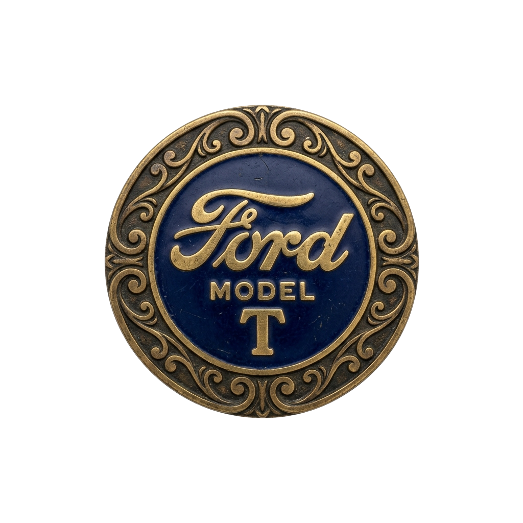 A vintage Ford Model T emblem featuring blue background with gold lettering and ornate gold border