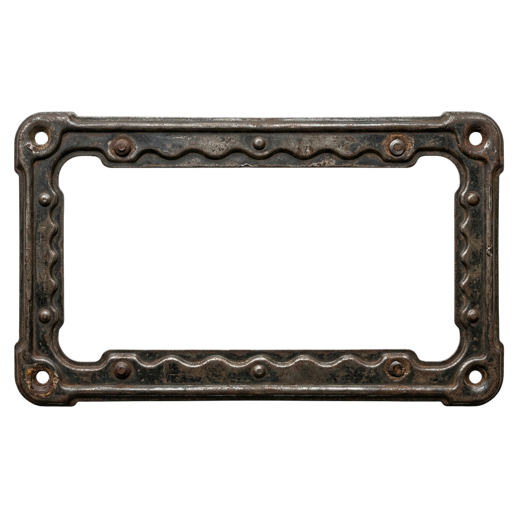 A rusted, ornate metal frame edge trim with decorative patterns and rivets.