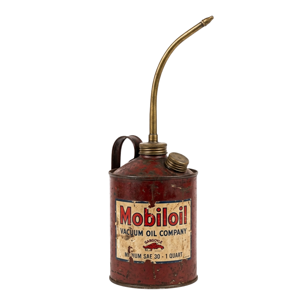Old red metal oil can with a brass spout and label reading Mobiloil Vacuum Oil Company Medium SAE 30 1 Quart