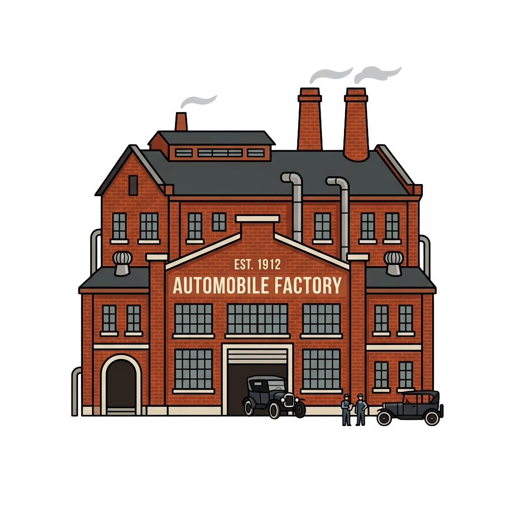Illustration of a vintage brick automobile factory with cars and workers outside, established in 1912