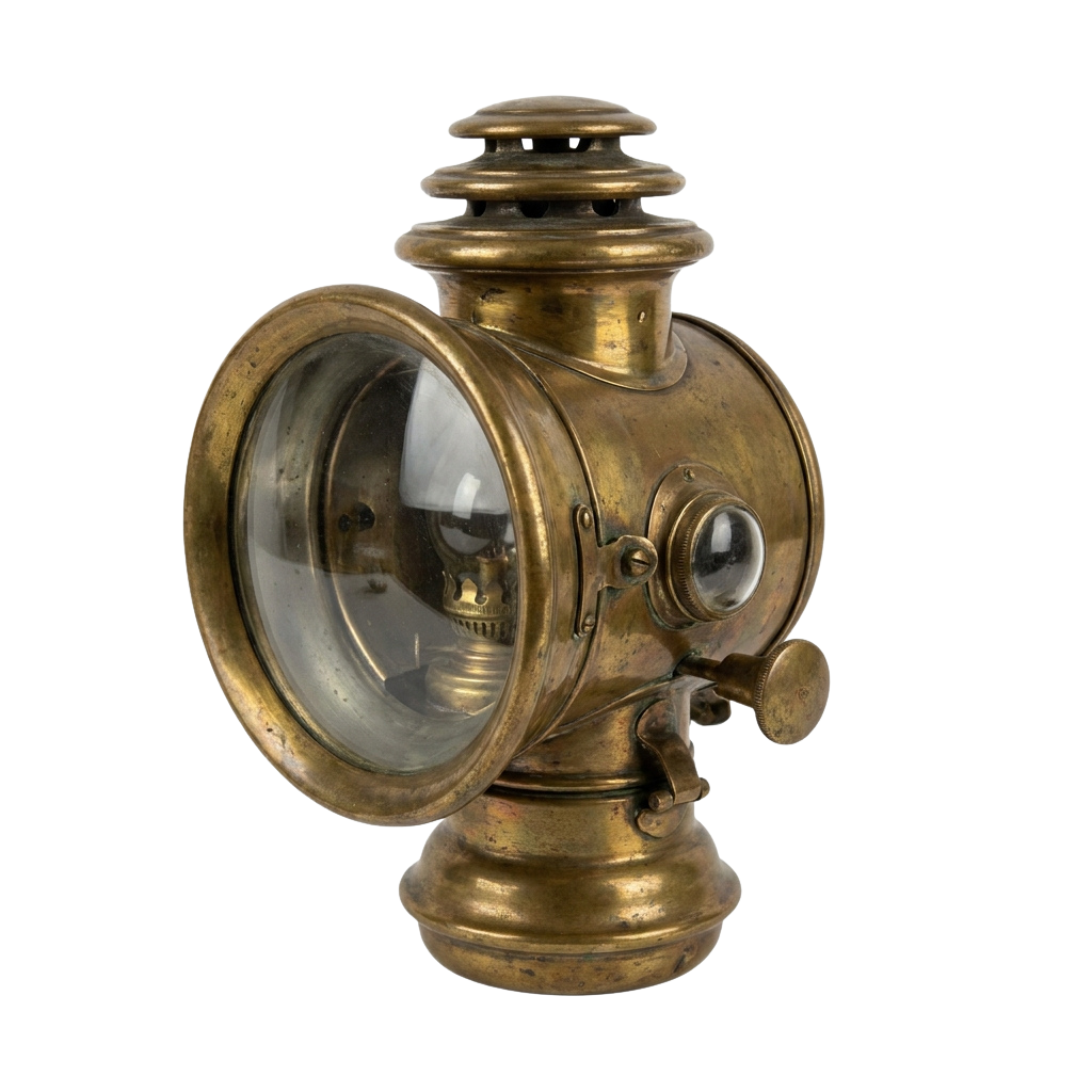 A brass-colored oil lantern featuring a glass lens, wick adjuster, and handle for carrying