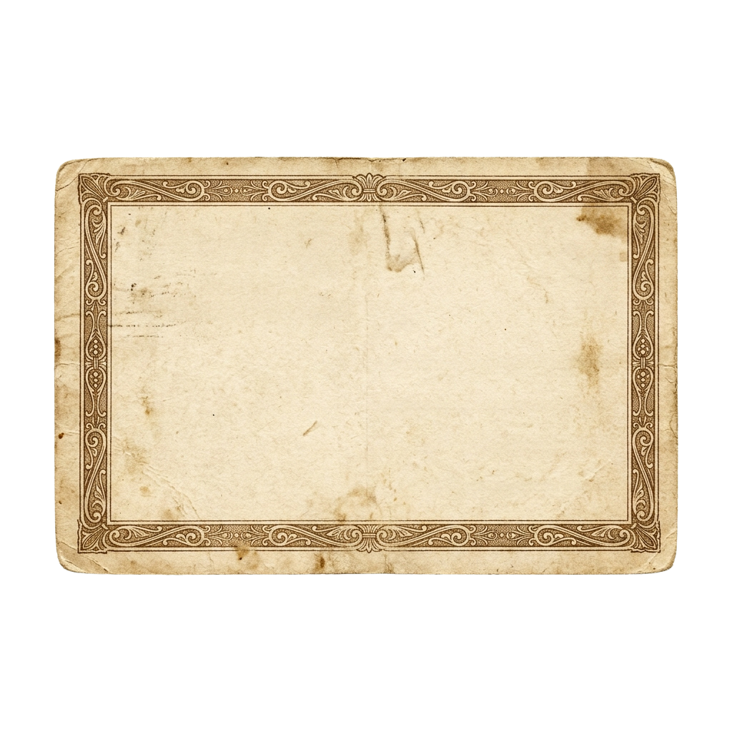 A blank, aged paper with decorative gold border and slight stains