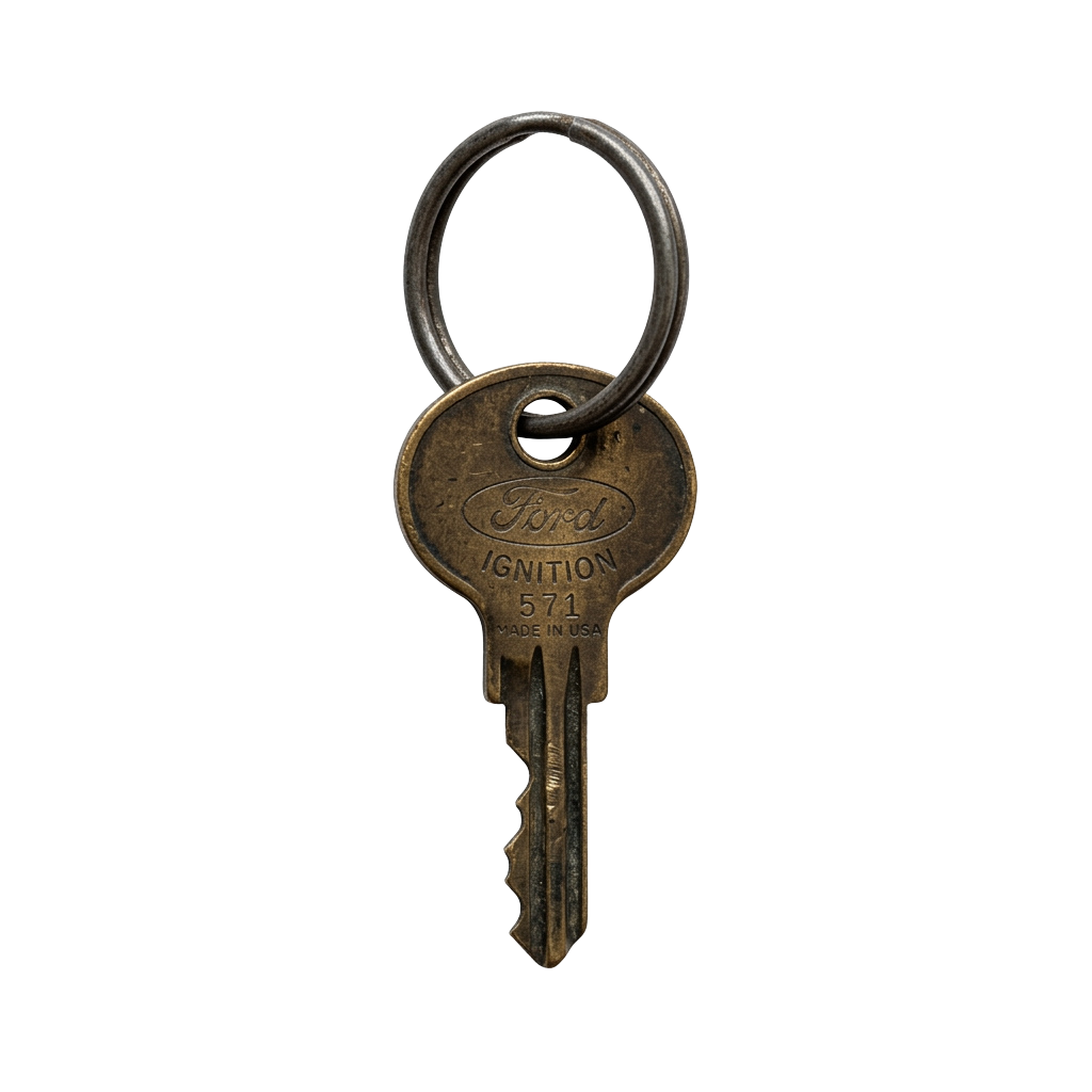 Vintage Ford ignition key with a brass-colored bow and numbered 571, made in the USA