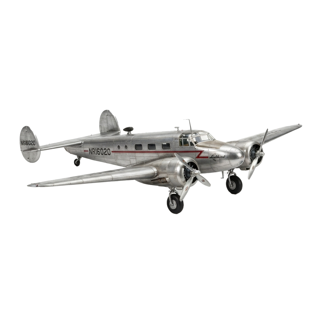 A vintage twin-engine propeller aircraft flying against a black background