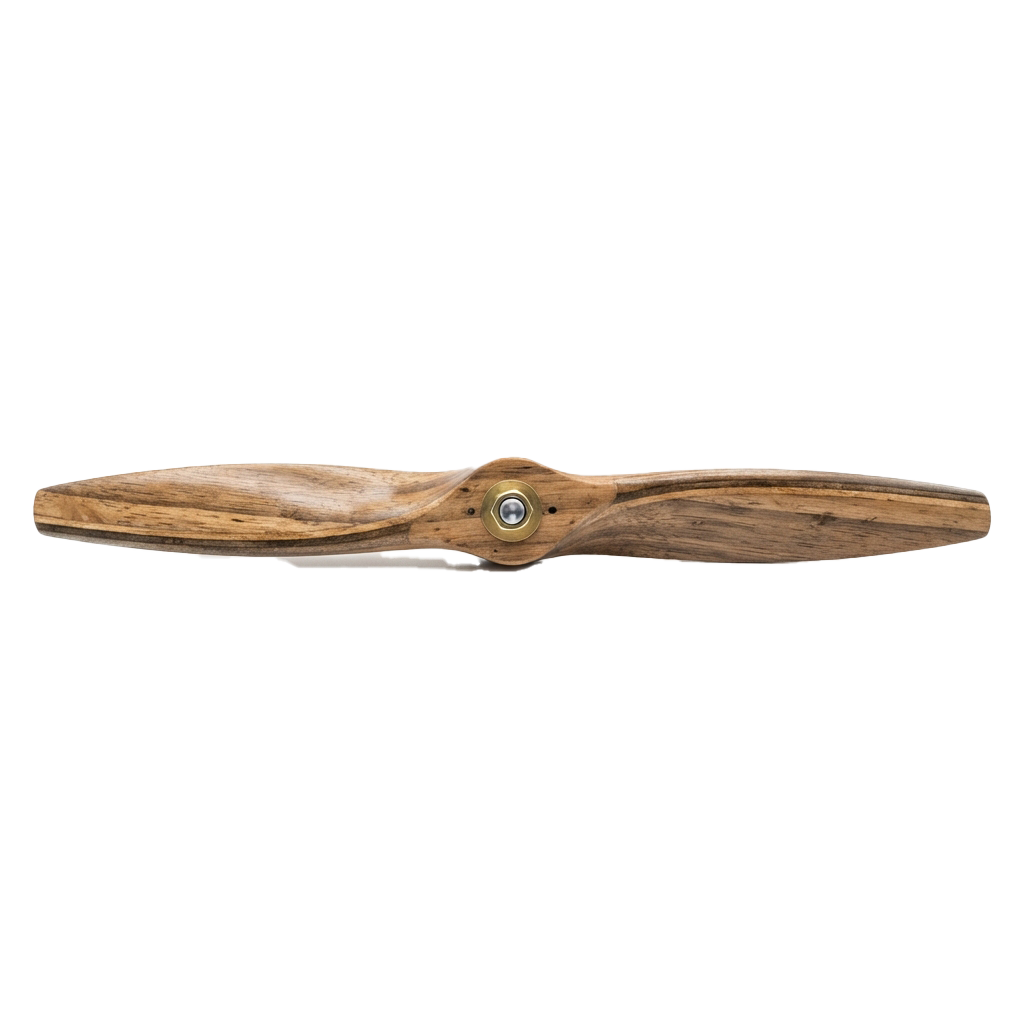 Close-up of a wooden airplane propeller with a brass hub bolt in the center