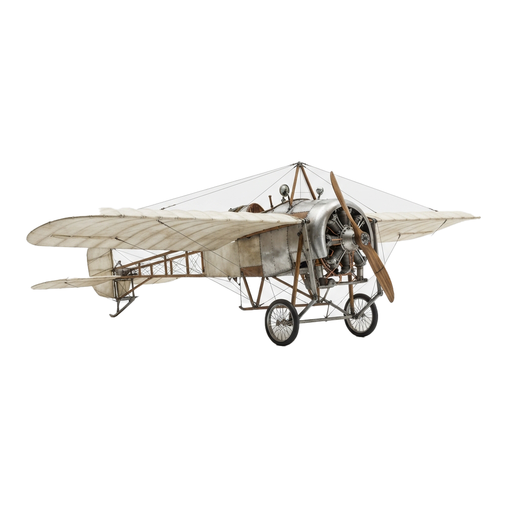 A vintage biplane with two wings and a propeller flying against a black background