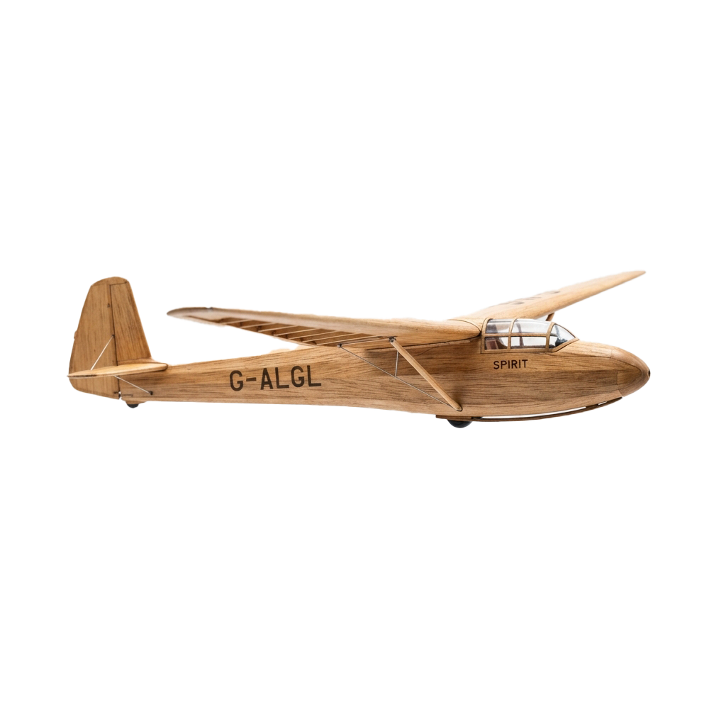 A wooden model of a vintage seaplane labeled Spirit with registration G-ALGL