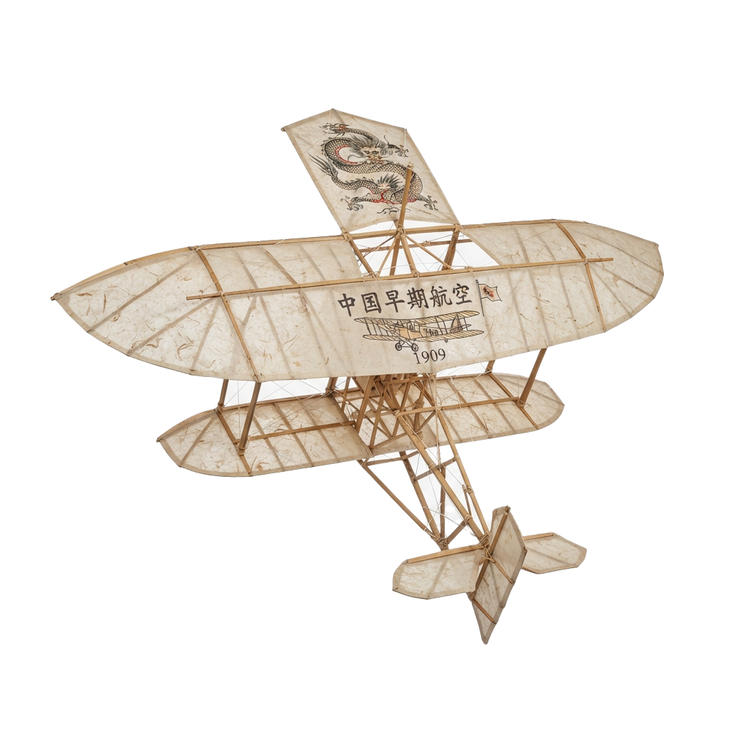 A detailed wooden model of a biplane with Chinese characters and a dragon illustration on the wings