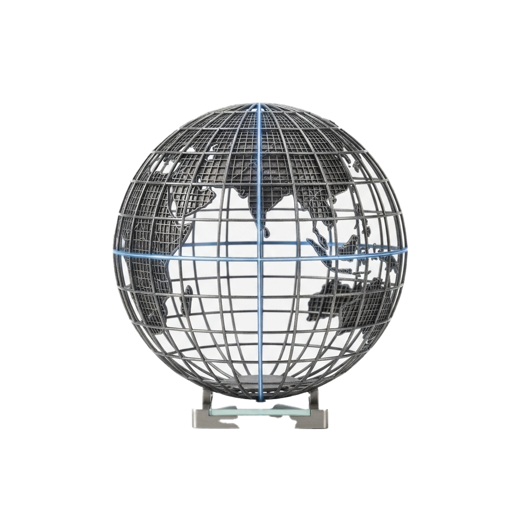 A transparent wireframe globe model with a grid structure on a small base stand.
