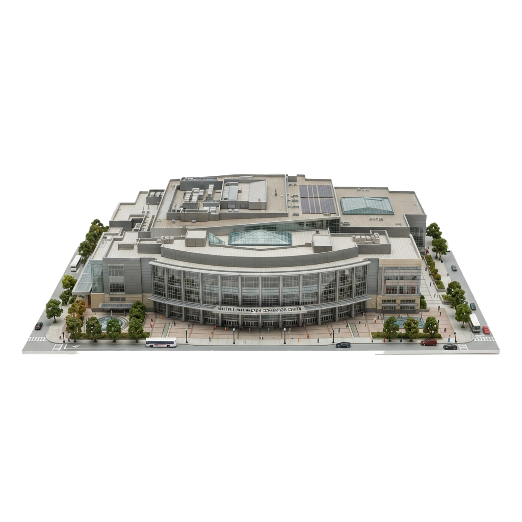 A detailed architectural model of a large convention center featuring a glass facade and multiple levels