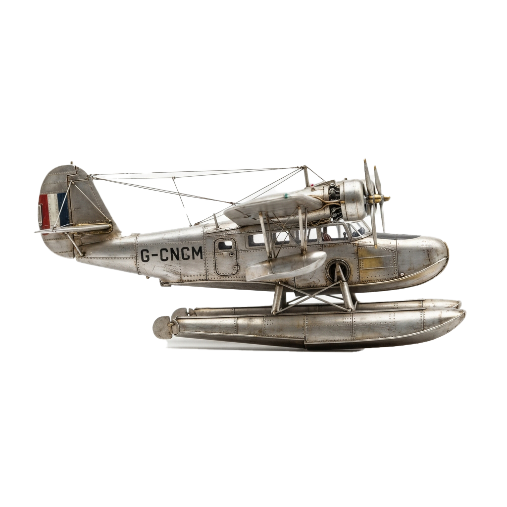 A detailed model of a vintage seaplane with twin engines and a French flag on the tail fin