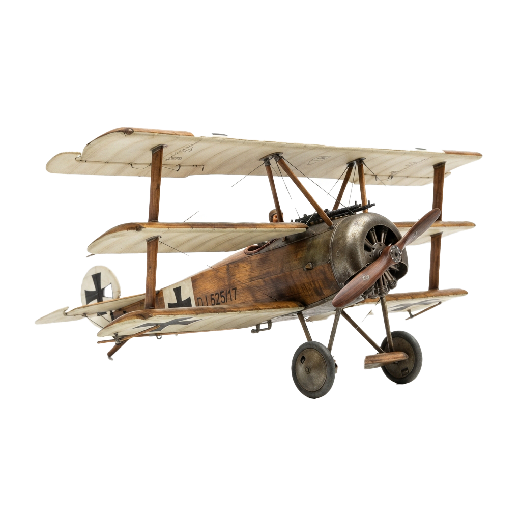 A detailed model of an old-fashioned biplane with wooden wings and spoked wheels, painted in a natural wood finish with black and white markings