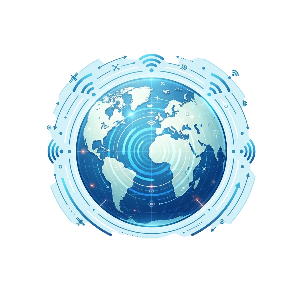A stylized world map surrounded by digital connectivity symbols like Wi-Fi and arrows.