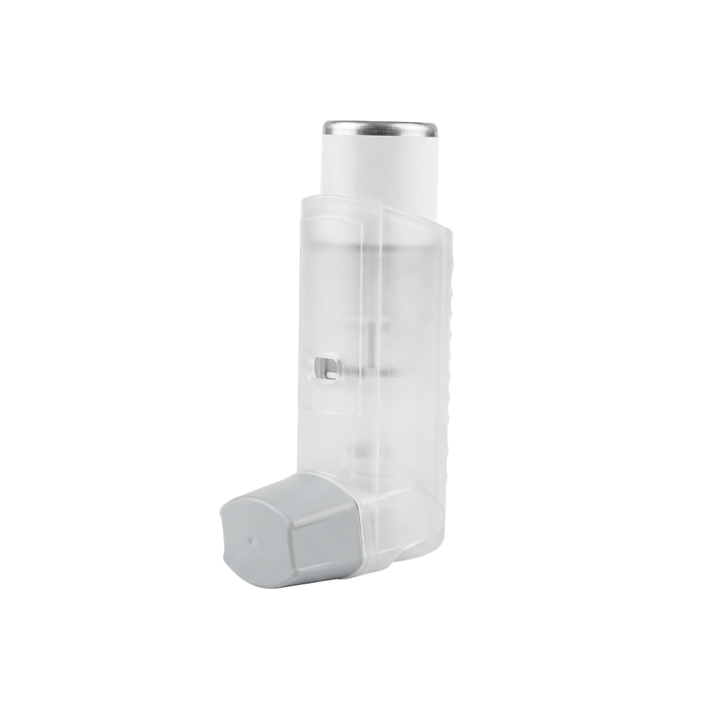 A close-up image of a white plastic handheld inhaler device