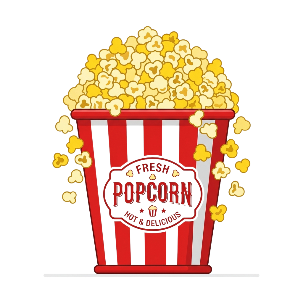 Illustration of a red and white popcorn bucket filled with yellow popcorn, labeled Fresh Popcorn Hot and Delicious