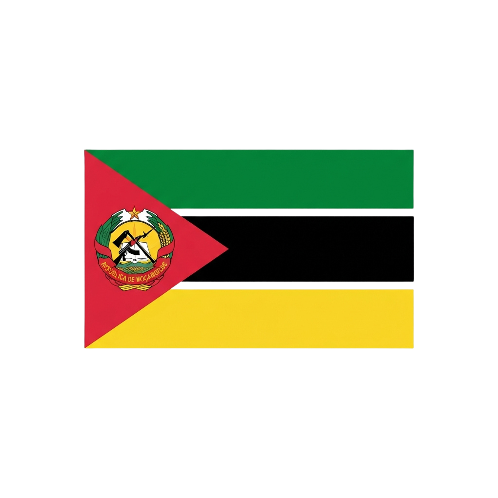 Flag of Mozambique featuring a red triangle with emblem, green, black, and yellow horizontal stripes
