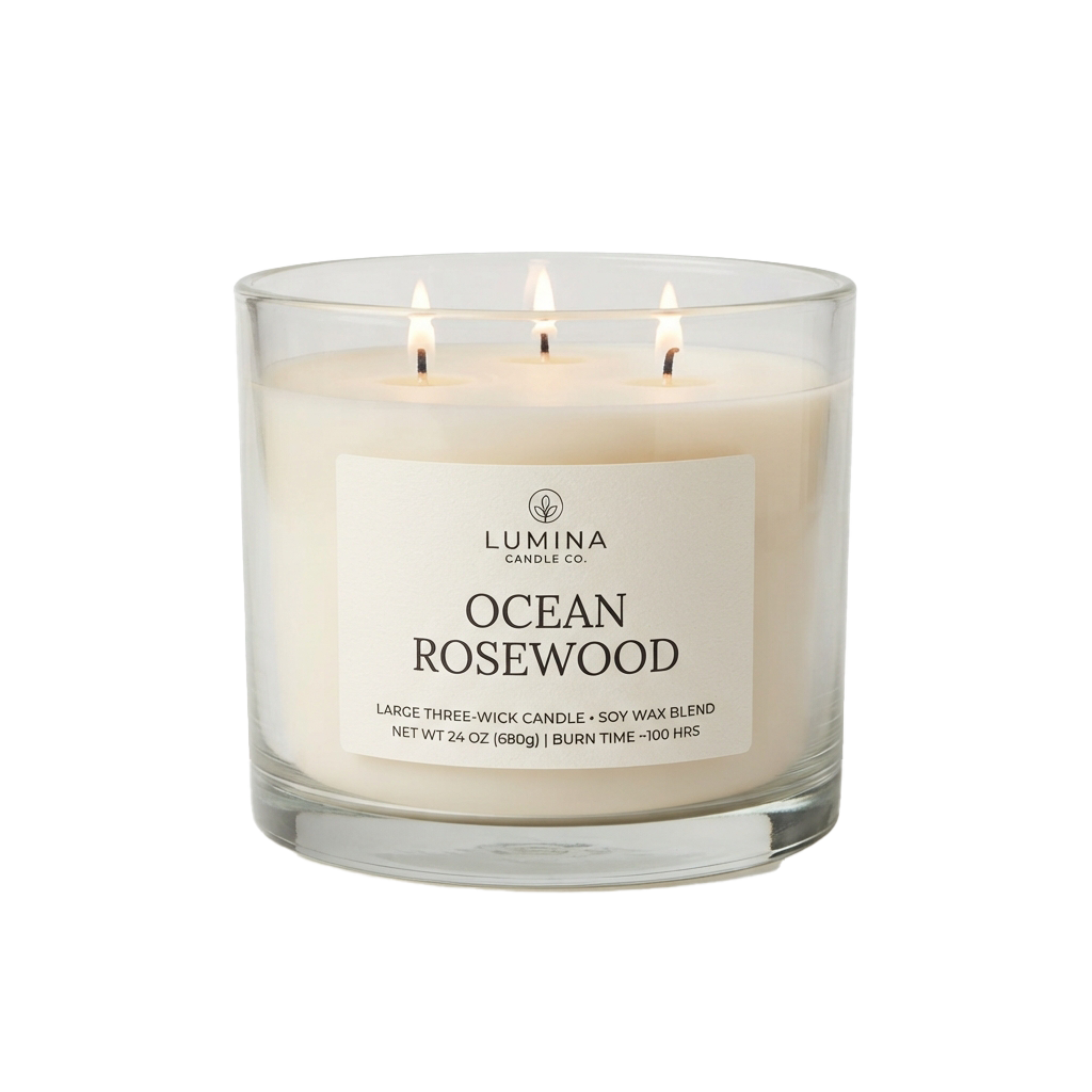 A large three-wick soy candle in a clear glass container labeled Ocean Rosewood with lit wicks.