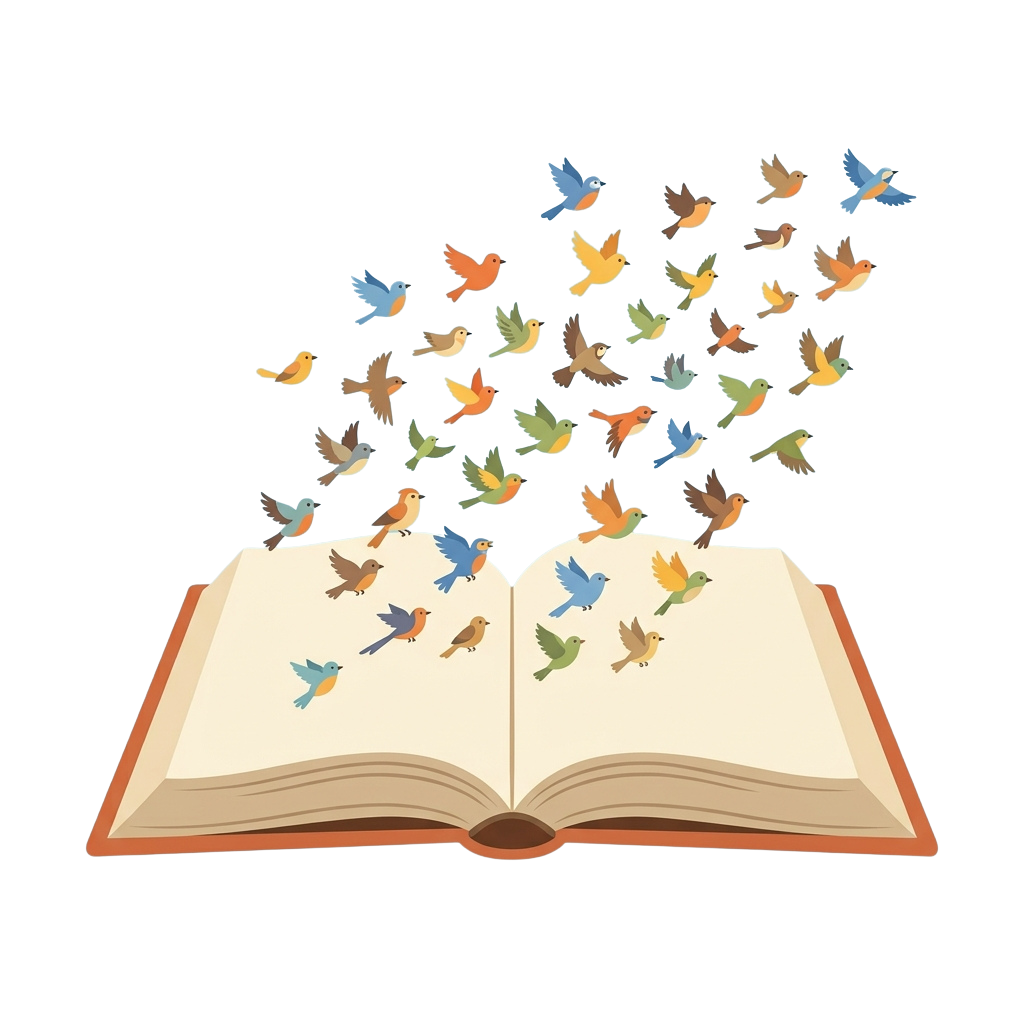 An open book with colorful birds flying out of it against a dark background