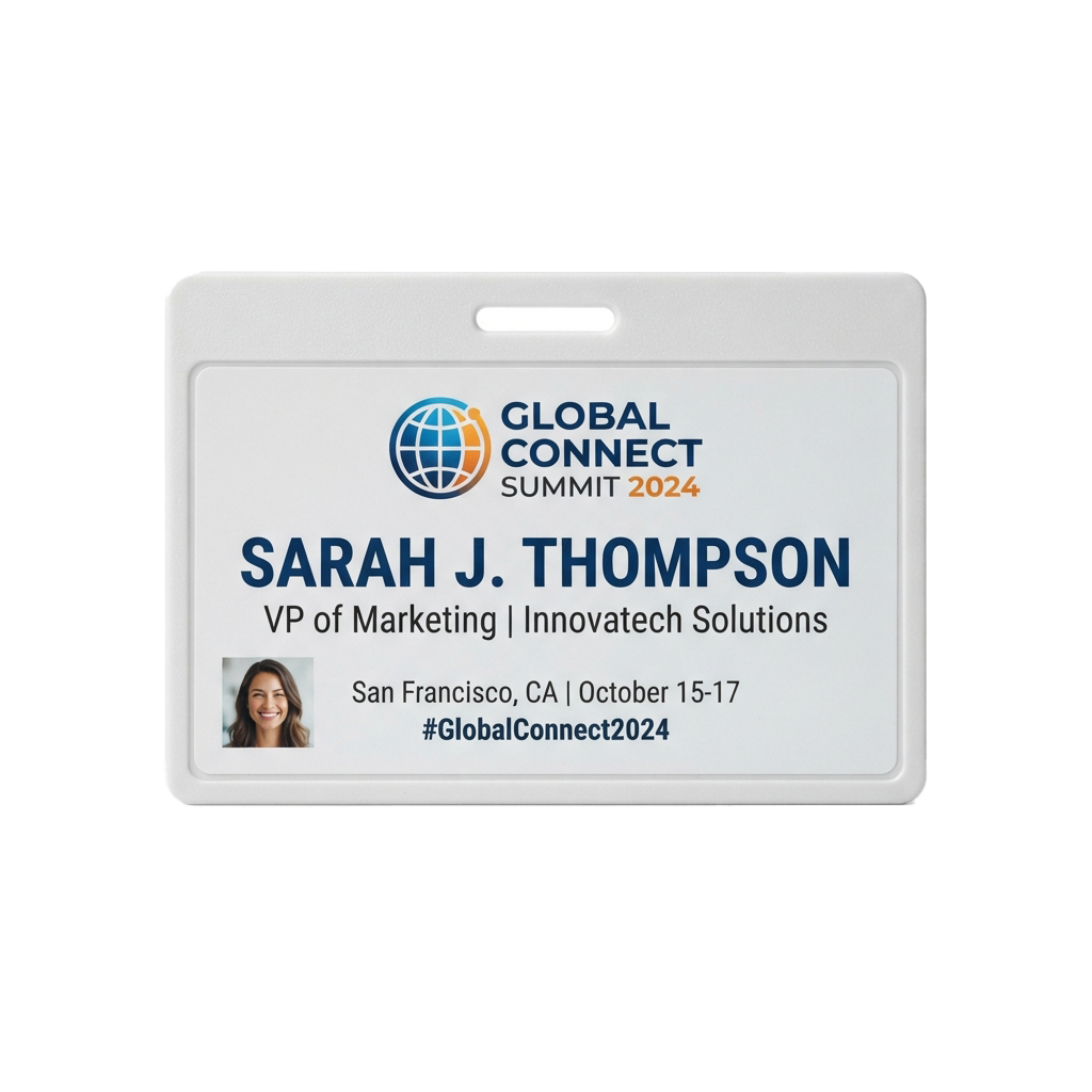 Conference badge for Global Connect Summit 2024 showing name, title, company, event dates, and location
