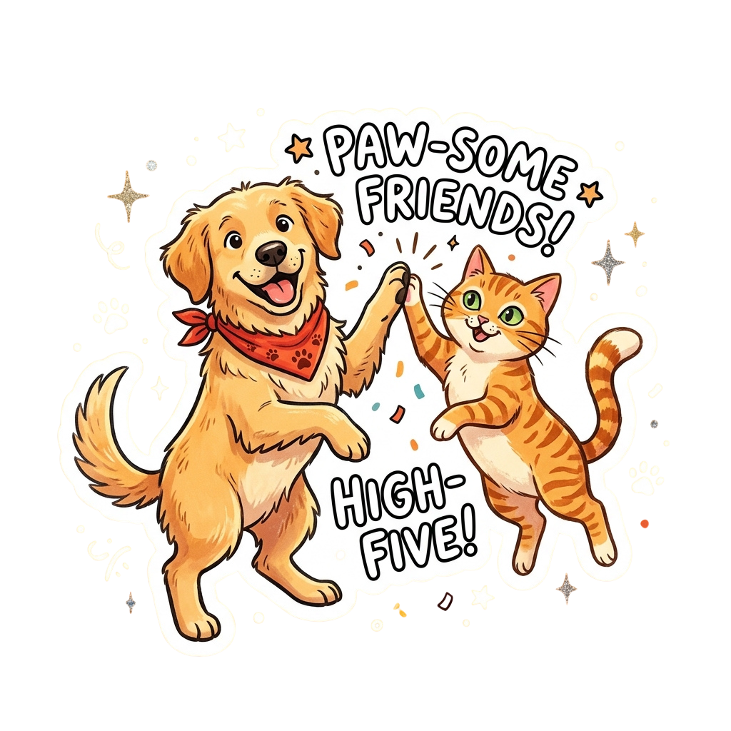 A cheerful dog and cat giving each other a high-five with a speech bubble saying Paw-some Friends High-Five
