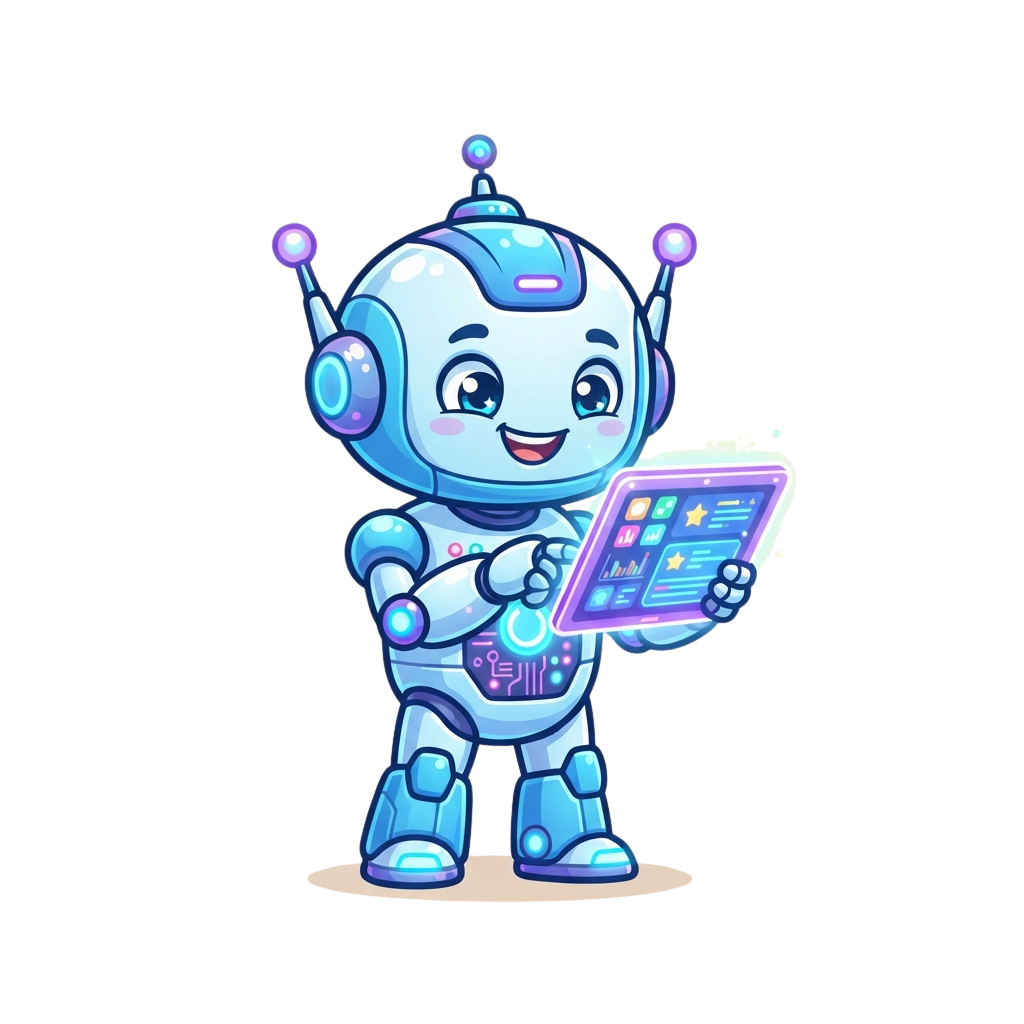 A smiling cartoon robot holding a tablet displaying a colorful app interface