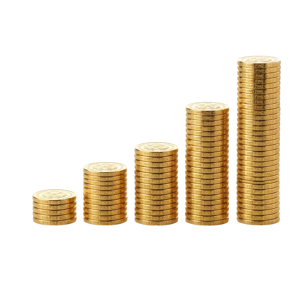 Five stacks of gold coins increasing in height from left to right