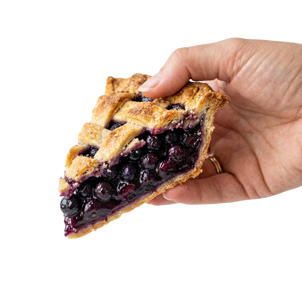 A hand holding a slice of blueberry hand pie with visible blueberries and flaky crust