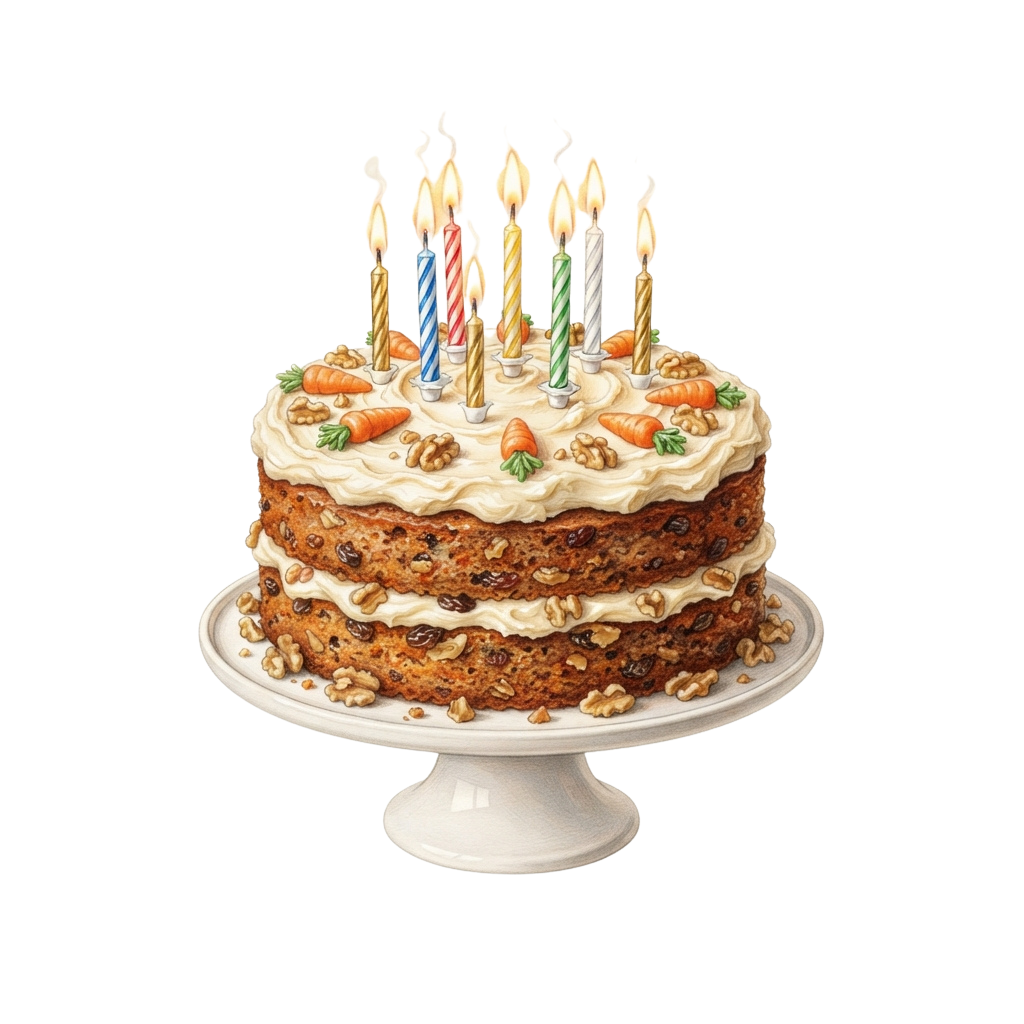 A two-layer carrot cake with cream cheese frosting, topped with walnuts, carrot decorations, and lit candles on a white cake stand
