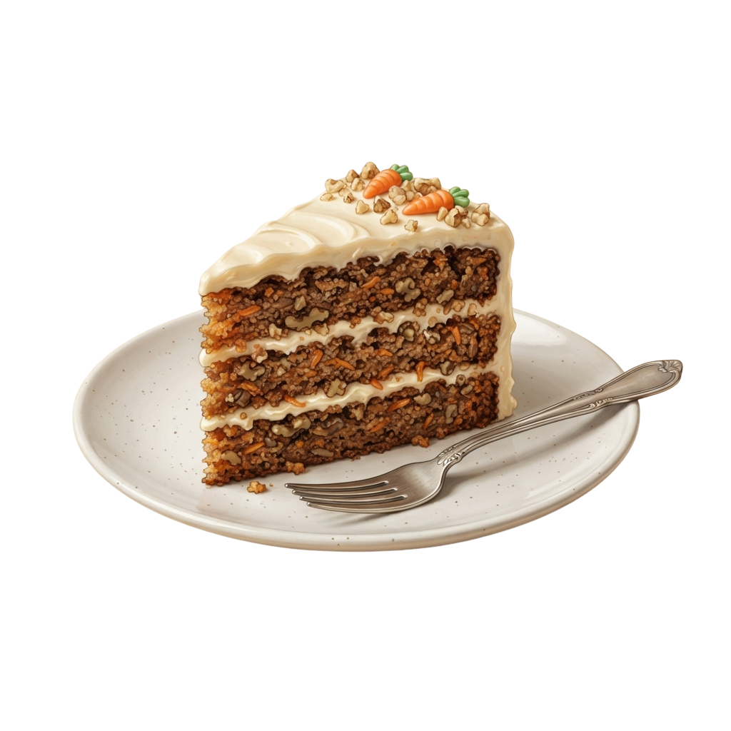 A slice of layered carrot cake topped with cream cheese frosting and chopped nuts on a white plate with a fork