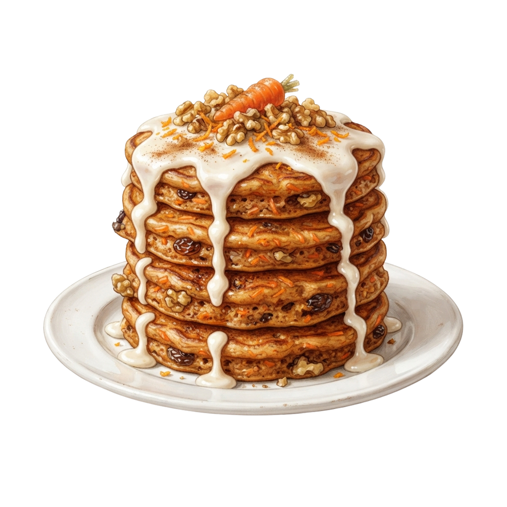 Stack of five fluffy carrot raisin oatmeal pancakes topped with cream drizzle and carrot garnish on a white plate