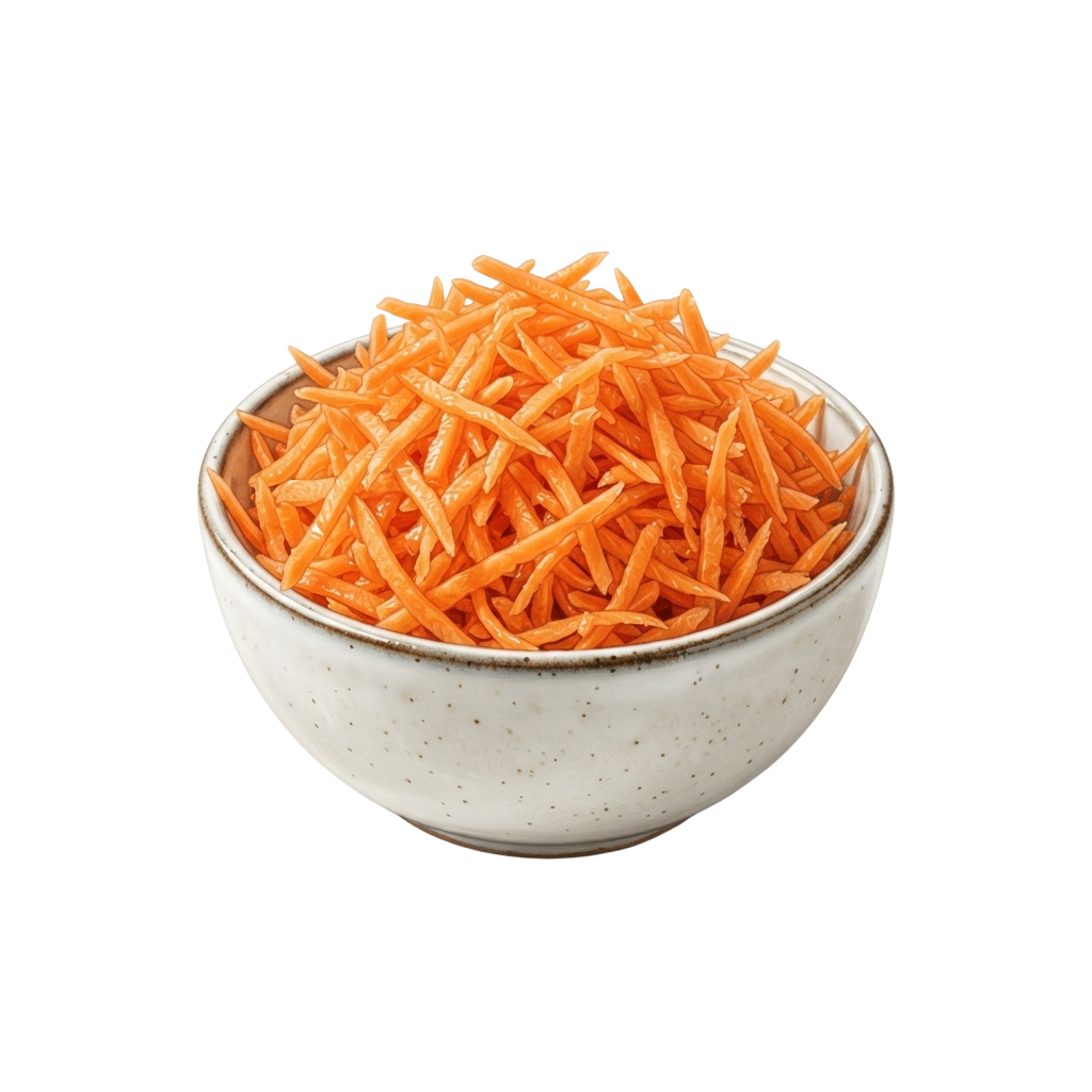 A white ceramic bowl filled with bright orange shredded carrots